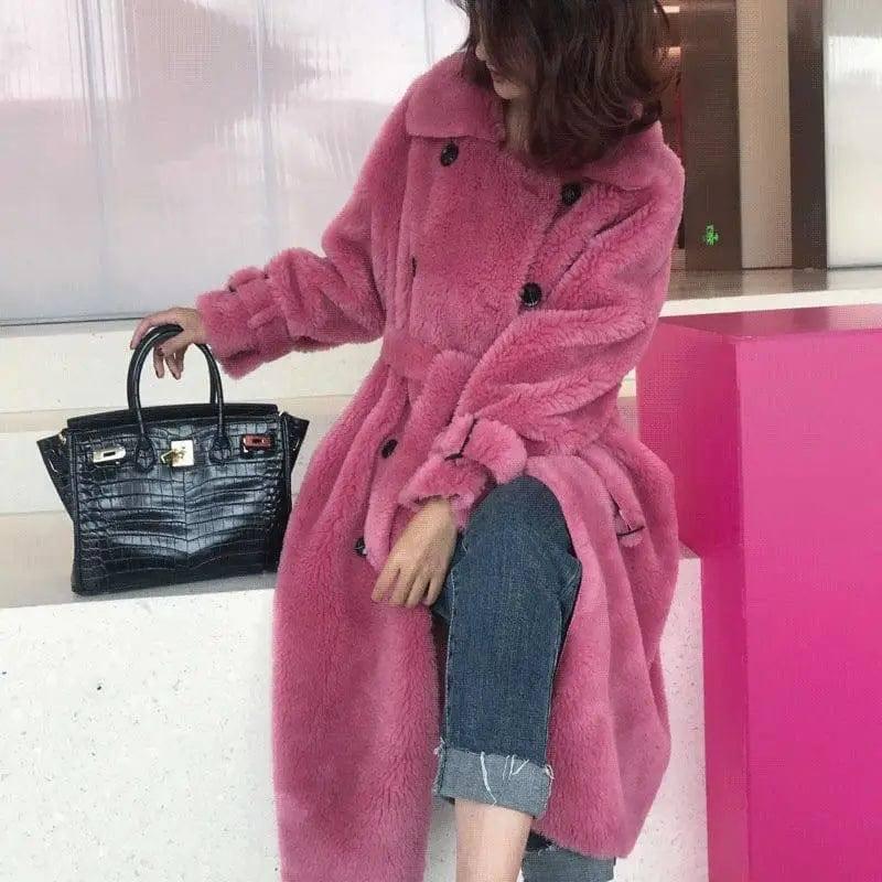 Large Grain Sheep Sheared Leather Jacket Women-Rose Red-1