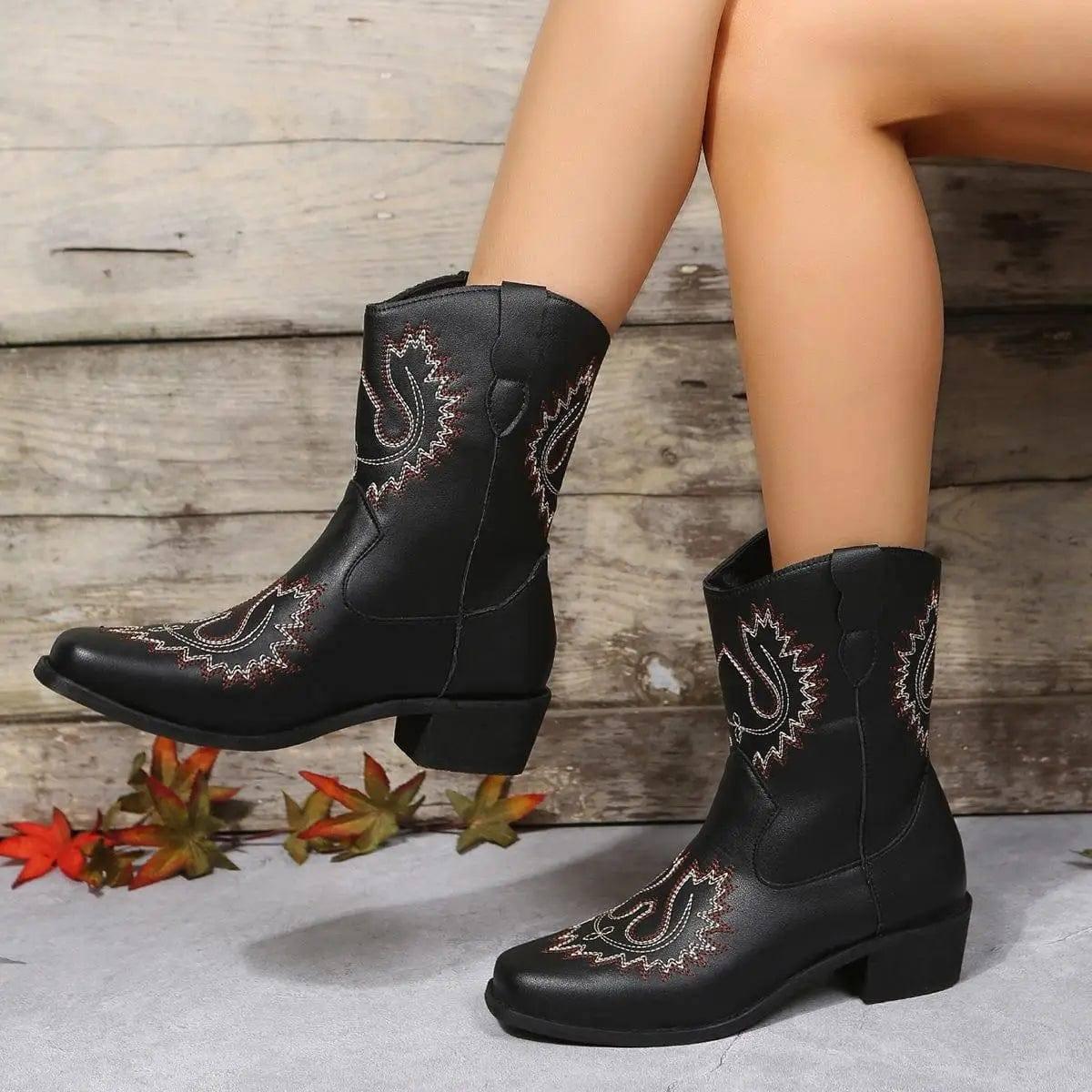 Large Short Boots Embroidered Ethnic Style Slope Heel Casual-Black-1