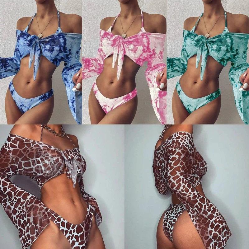 Long sleeve three piece leopard print bikini-1