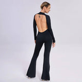 Long-sleeved Open-back Slim-fit Straight-leg Jumpsuit-5