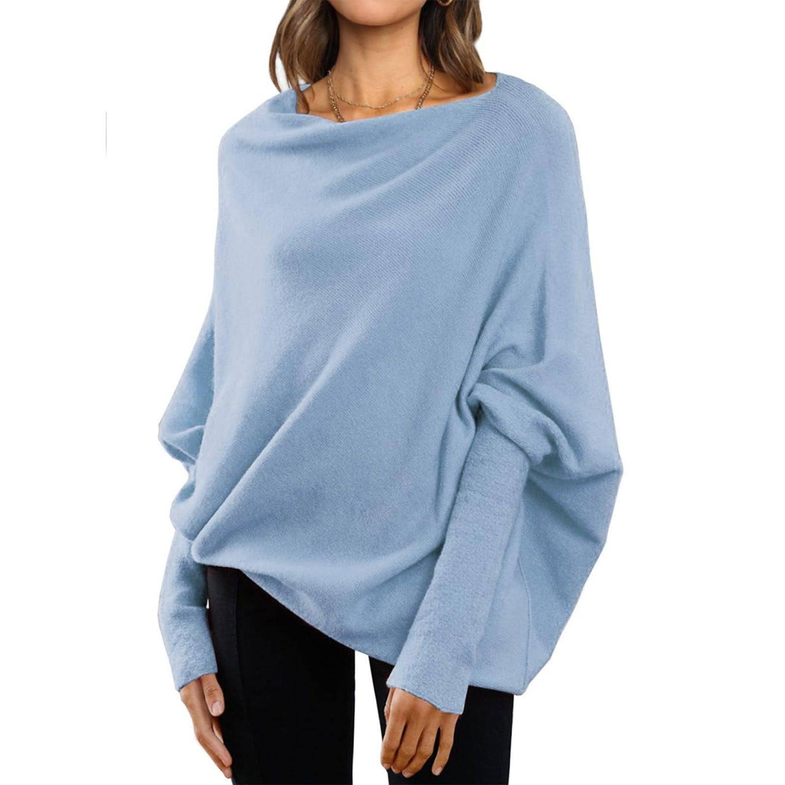 Loose Bat Sleeve Sweater Tops Simple Casual Fashion-Blue-4