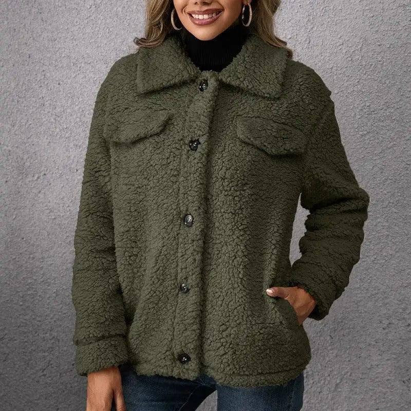 Loose Casual Lapel Plush Jacket Lamb Fleece Coat-Darkgreen-5