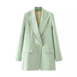 Women's Double-Breasted Tailored Blazer-Green-2