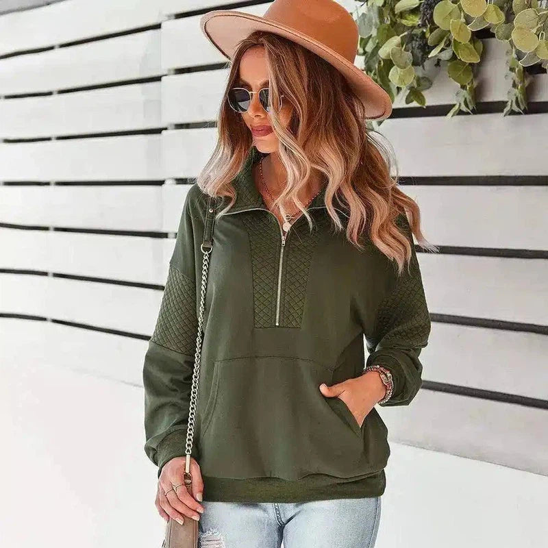 Women's Quilted Half-Zip Pullover Hoodie-ArmyGreen-5