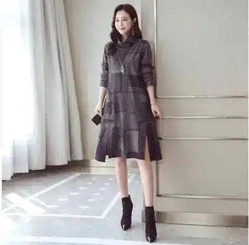 Winter Plaid Turtleneck Dress-Black-2