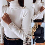 Button Solid Color Turtleneck Bottoming Shirt Top-1