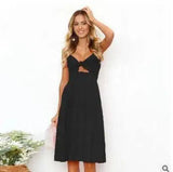 Buttoned Bow Back Strap Dress-Black-18