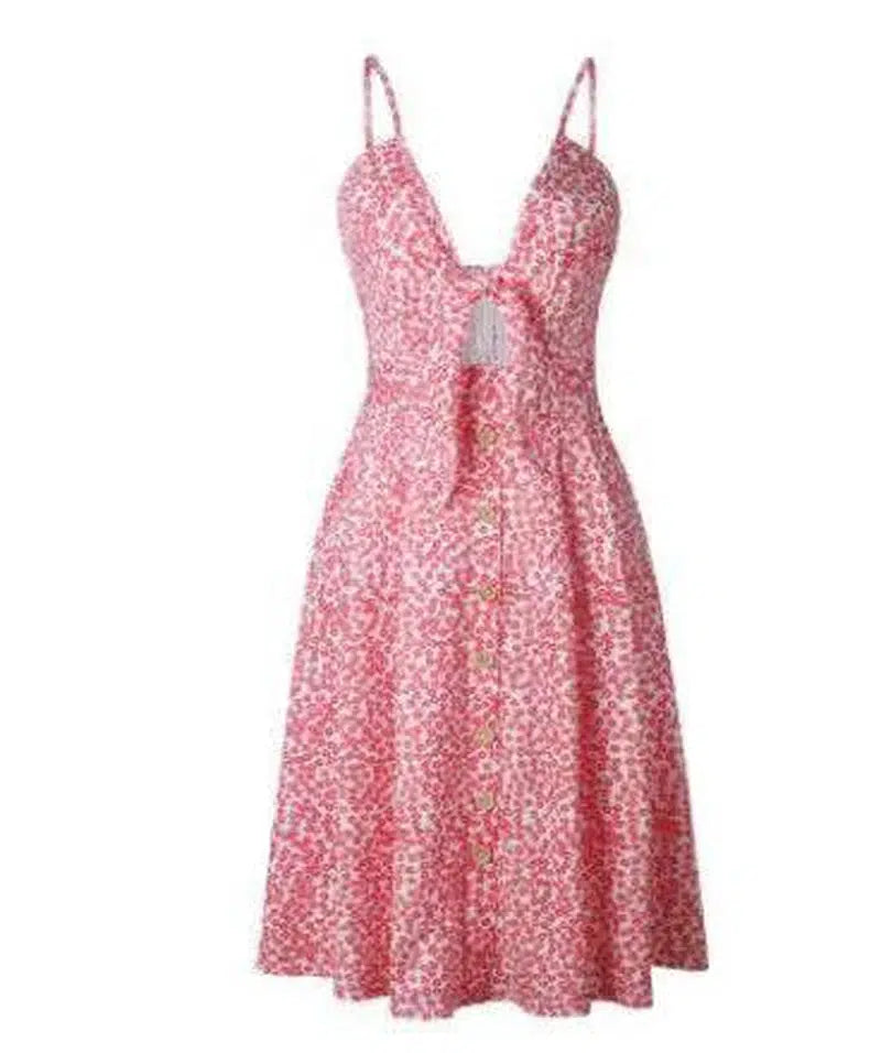 Buttoned Bow Back Strap Dress-Pink-33