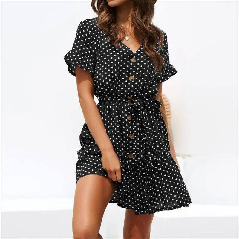 Casual polka-dot high-rise strap V-neck chiffon ladies dress-black-10