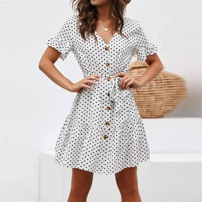 Casual polka-dot high-rise strap V-neck chiffon ladies dress-White-18