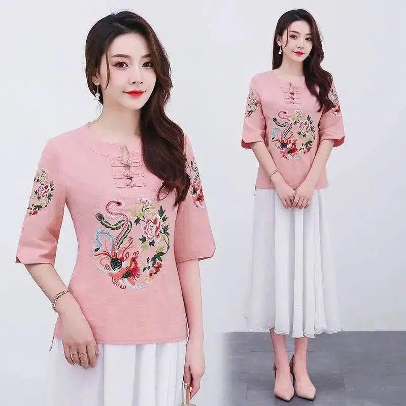 Elegant Embroidered Cheongsam Top-Pink-1