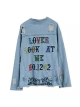 LOVEMI - Lovemi - Color Sequin Letters Frayed Holes Loose Denim