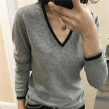 Women's V-Neck Pullover Sweater-Grey-3