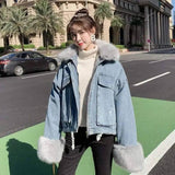 Stylish Denim Fur Coat for Cozy Layers-Blue denim grey liner-2