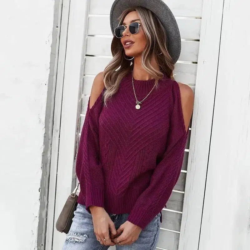 Dust My Shoulder Knitted Top-Wine Red-4