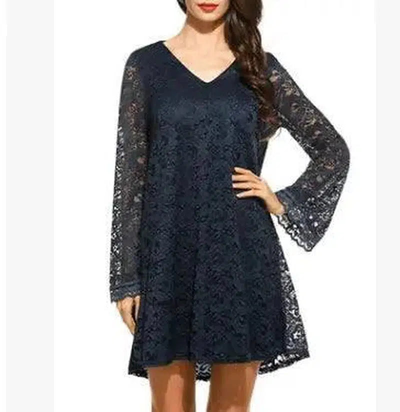 Elegant lace dress summer V-neck large size dress-darkblue-22