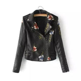 Floral Embroidered Leather Jacket for Women-black-1