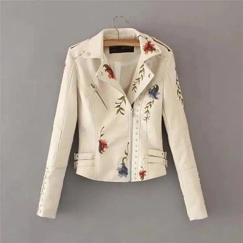 Floral Embroidered Leather Jacket for Women-Beige-2