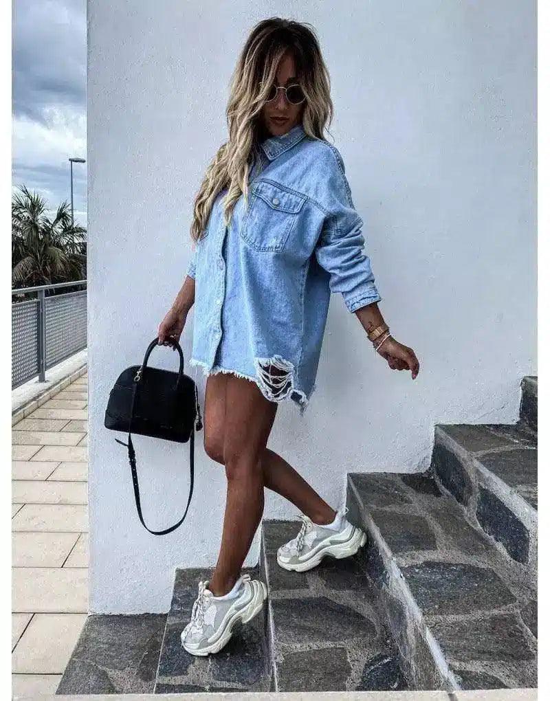 Women's Casual Denim Jacket-Light Blue-2