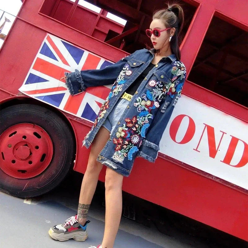 Fashion Loose Mid length Long Sleeved Denim Jacket Women-Denim Blue-1