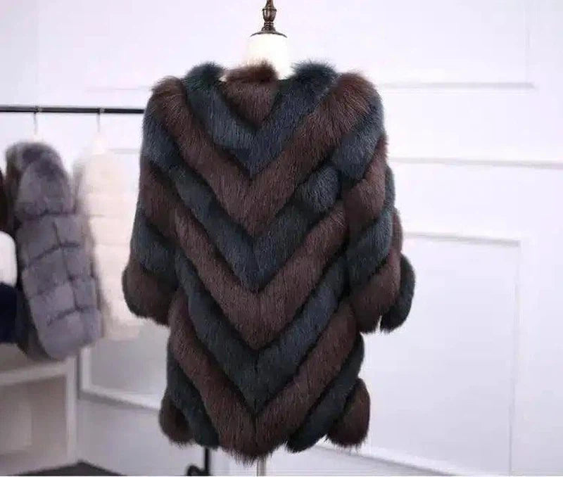 Striped Long Sleeve Faux Fur Coat-Dark green-2