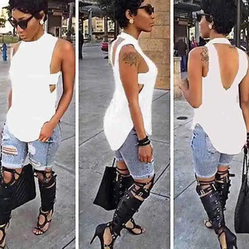 Sleeveless Top & Ripped Jeans with High Boots-White-2