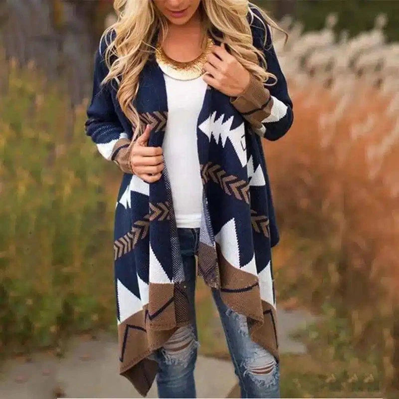 Women's Geometric Knit Cardigan-Blue-2