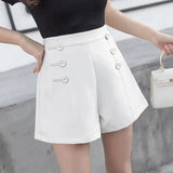 High waist Button Decoration Wide Leg Shorts-White-9