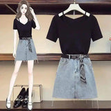 LOVEMI - Lovemi - Ice Silk Knit Short-sleeved Top Denim Skirt Suit