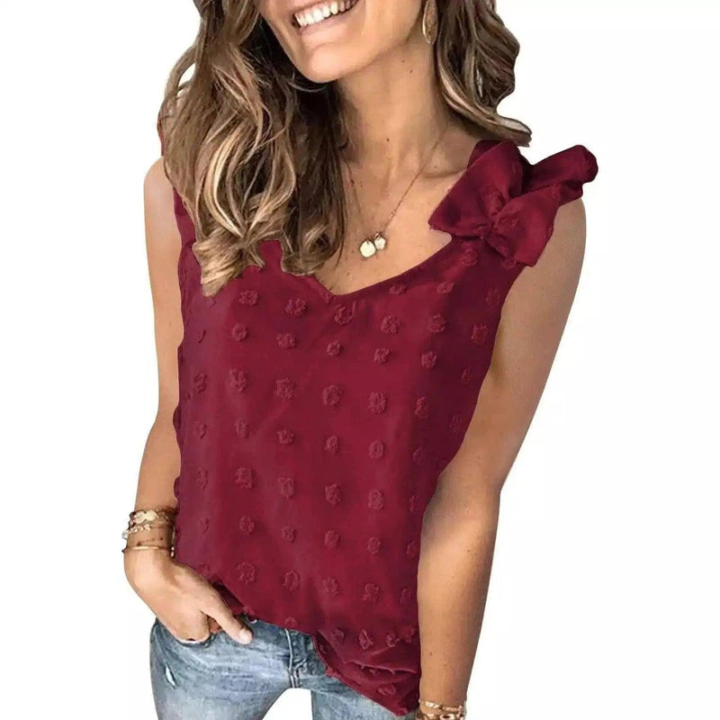 Women's Ruffle Sleeveless Top-Red wine-4