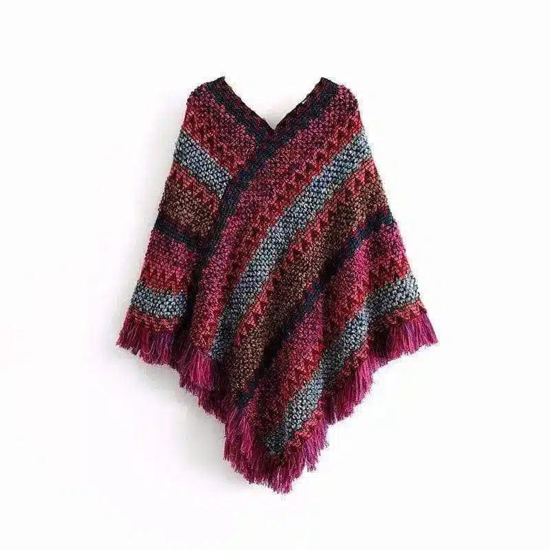 Knitted fringed shawl coat-Red-1