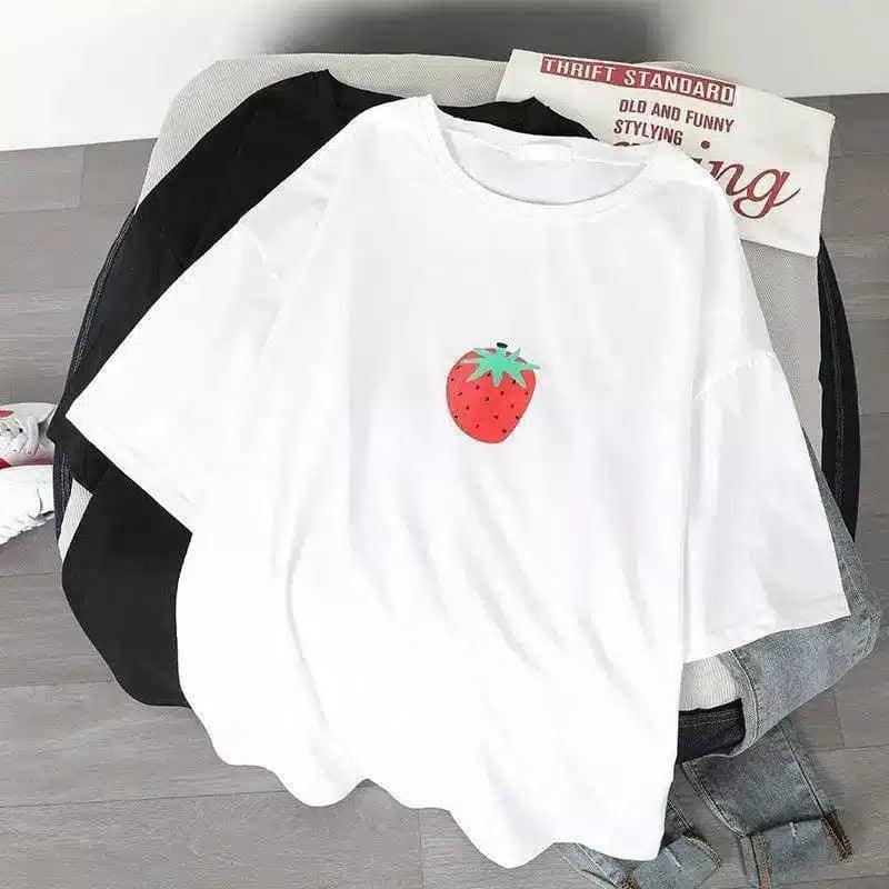 Fruit Embellished Casual Cotton T-Shirt-White-2