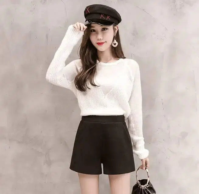 LOVEMI - Lovemi - Korean version of high waist woolen shorts autumn