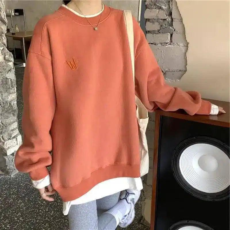 Korean Version Of Loose Thin Spring Fake Two Pieces Hoodie-Orange-3