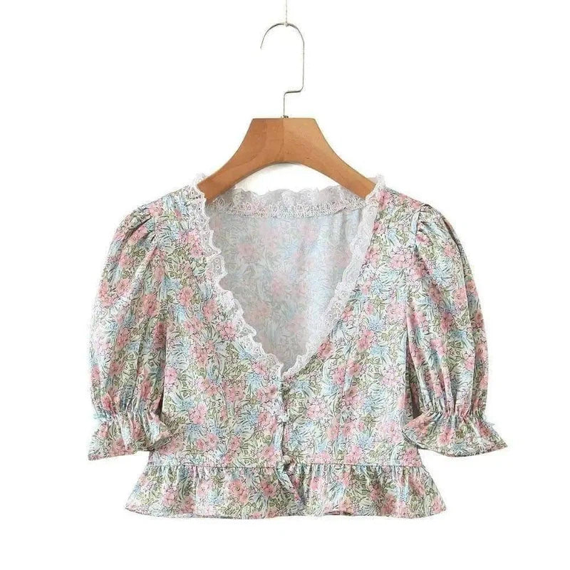 LOVEMI - Lovemi - Lace Print Small Shirt Blouse European And