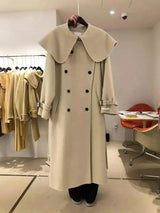 Lapel Double-Breasted Loose Solid Color Long Woolen Coat-Apricot-1