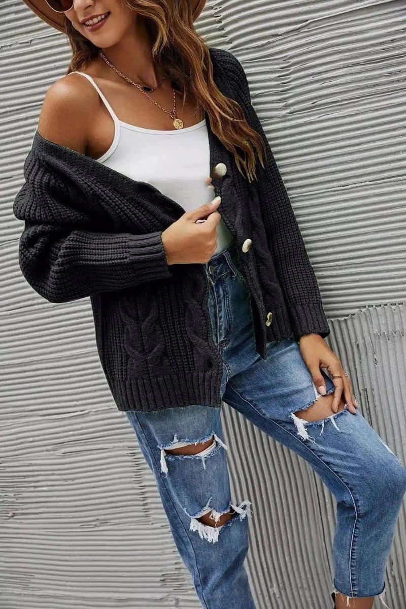 Women's Knit Cardigan Sweater Button-Up-Black-5