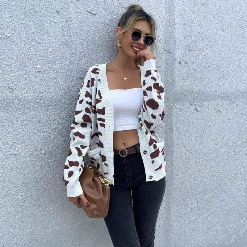 LOVEMI - Lovemi - Leopard Print V-Neck Knitted Sweater Coat