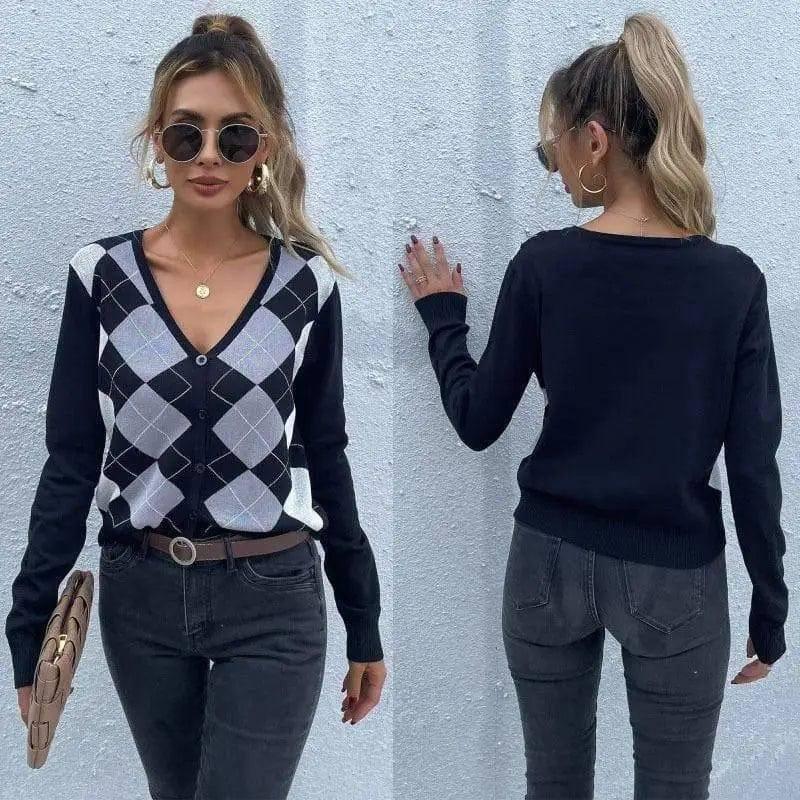 Long Sleeve Check V-Neck Cardigan Knitted Sweater Jacket-1