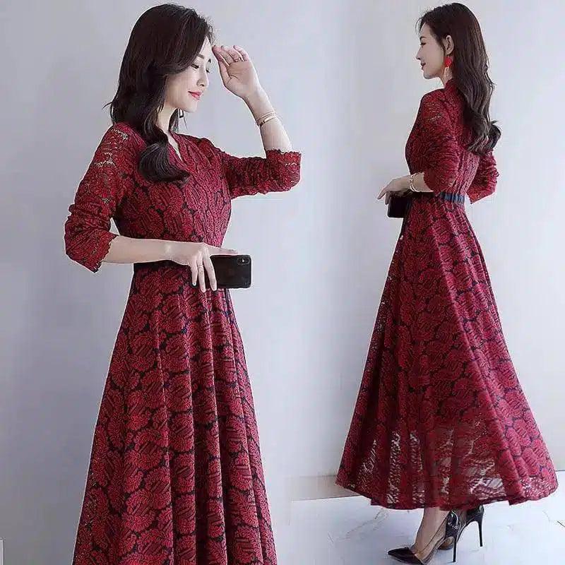 Elegant Lace Midi Dress with 3/4 Sleeves-Red wine-1