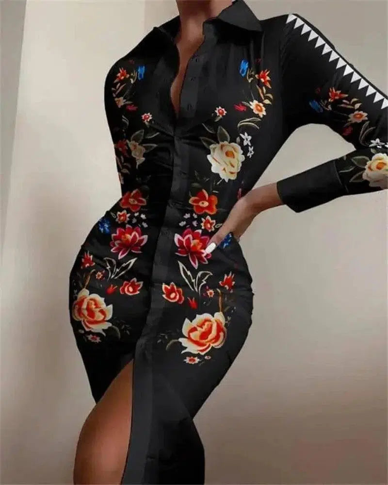 LOVEMI - Lovemi - Long-sleeved Waist Printed Shirt Dress