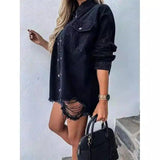 Women's Casual Denim Shirt with Pockets-Black-2