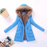 Long Women's Cotton-Padded Jacket With Wool Collar-Lake blue-4