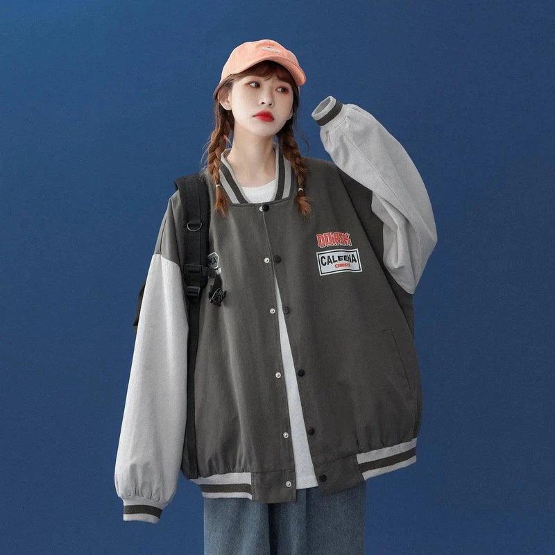 Unisex Varsity Jacket with Snap Buttons-Grey-2