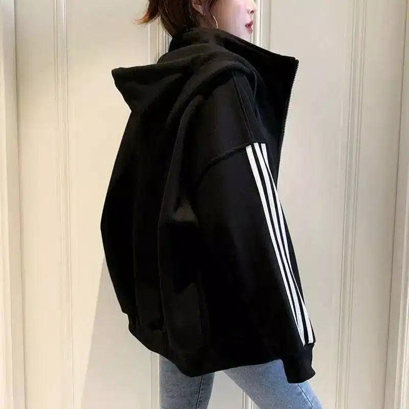 Striped Sleeve Zip-Up Hooded Jacket-Black-4