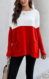 Women's Block Sweater with Pockets-Red-2