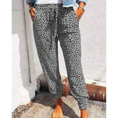 Loose Leopard Print Lace-Up Slacks-Gray-3