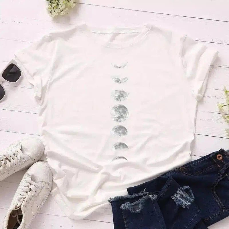 Loose Round Neck and Short Sleeve T-shirt Blouse-White-5