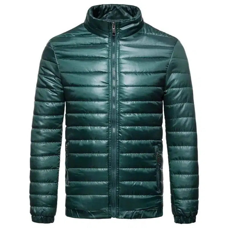 Men's Solid Down Cotton Jacket With Standing Collar-Green-4