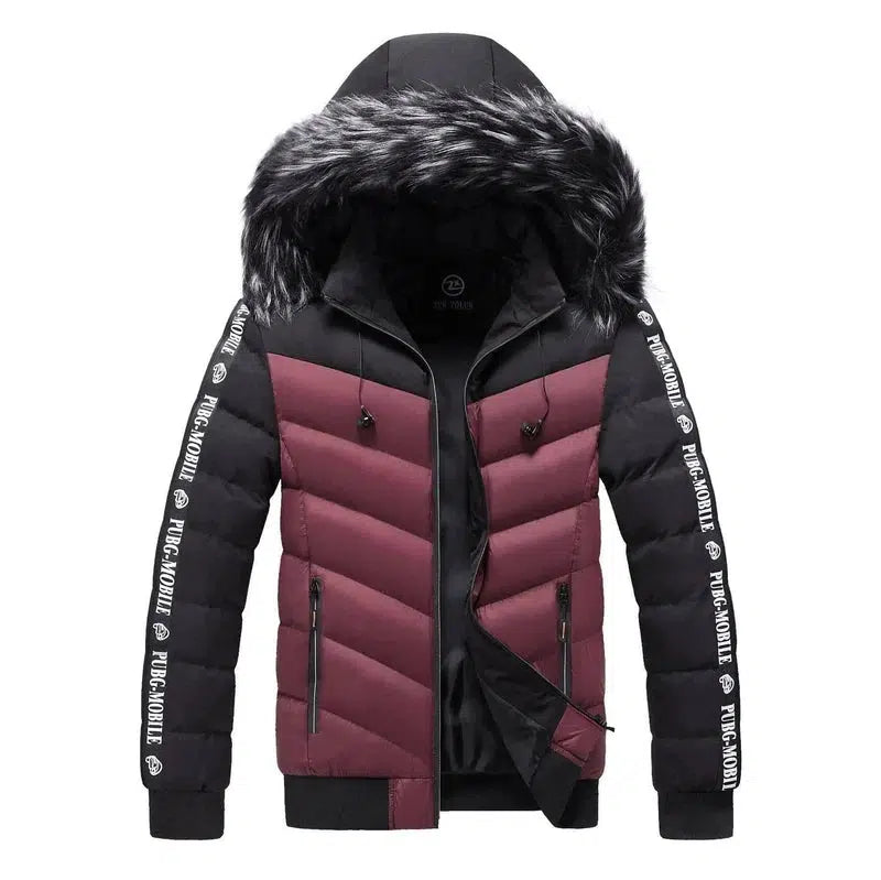 Men's Winter Fur Collar Cotton Padded Jacket-Wine Red-11